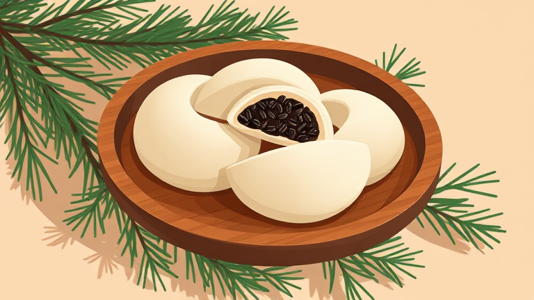 나무 접시에 솔잎과 함께 놓인 송편. 하나만 갈라져 검은깨 속이 보이고, 나머지는 겉만 봐서는 안에 뭐가 들었는지 알 수 없다