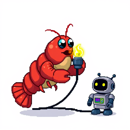 플러그를 든 도트 랍스터와 로봇 비서